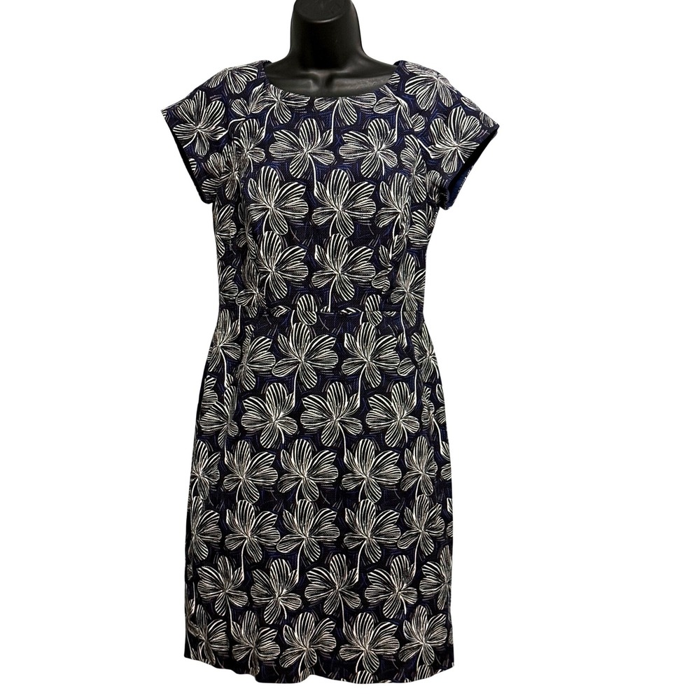 J.Crew Woman's Navy Blue White Floral Cotton Sheath Midi Dress Cap Sleeve Sz 8